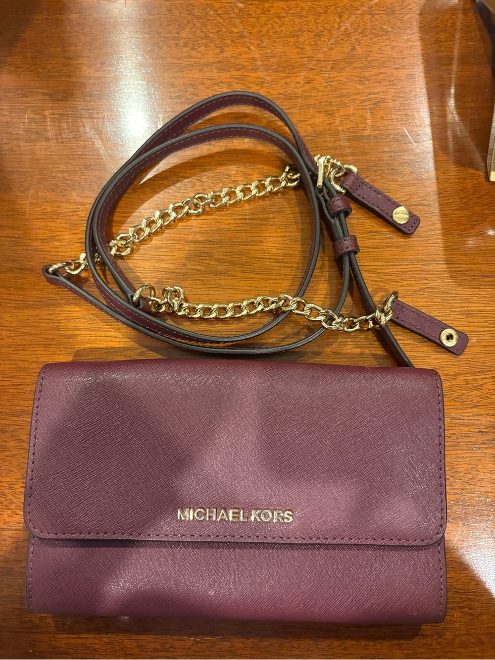 Michael Kors Plum Saffiano Crossbody Wallet with Gold Chain Strap